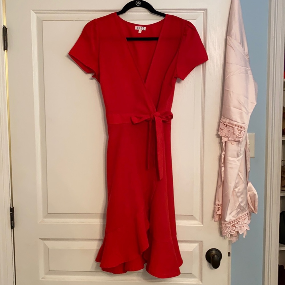 Red linen wrap dress